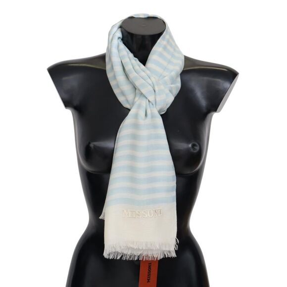 Missoni Blue White Lined Cashmere Unisex Wrap Men's Scarf